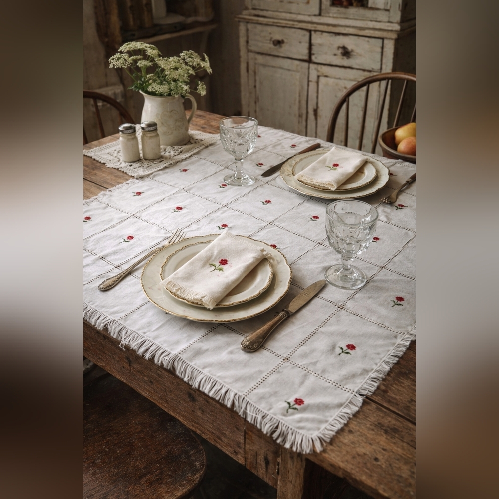 Vintage Embroidered Tablecloth with 4 Matching Napkins | Hand-Embroidered Roses